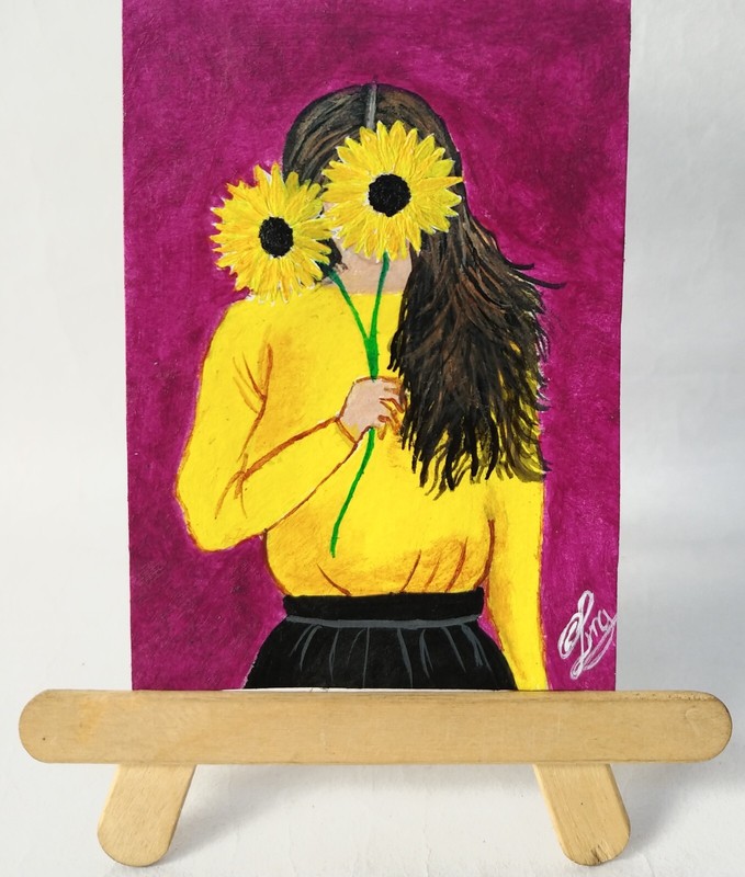 ACEO Original Acrylic Painting BEAUTIFUL GIRL WITH SUNFLOWERS Art Card New gallery
