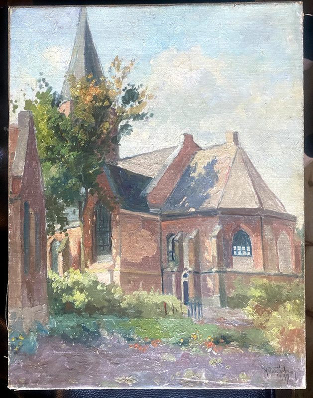 ::GOTHIC CHURCH CHAPEL °ILLEGIBLY SIGNED °WHO KNOWS THE PLACE? CEMETERY OIL