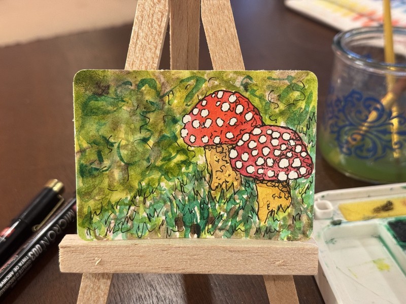 ACEO Original Art Card, Mushrooms, Watercolor and Pen, Signed, 2.5×3.5in