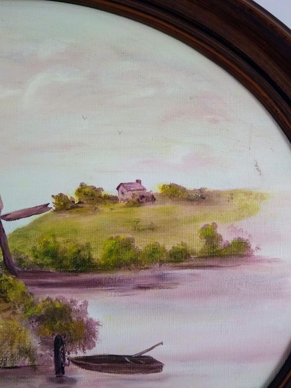 M Miller Signed Acrylic Painting Windmill Country Lake Scene 17"x 14" Oval Frame gallery