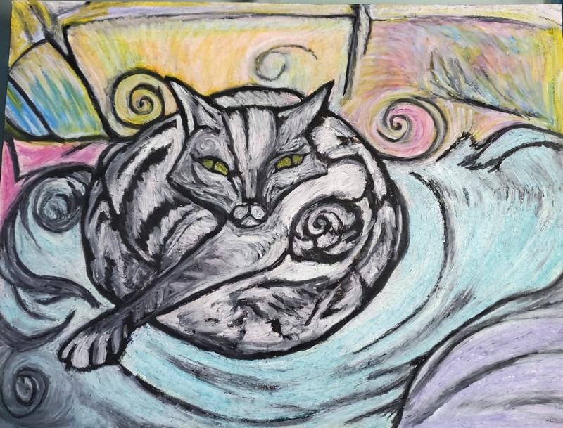 Uzumaki Spiral Cat Original Oil Pastel Drawing on Reclaimed Paper 46cm×60cm