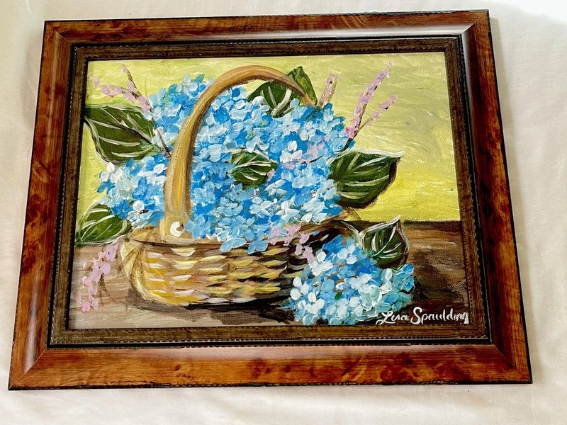Original Blue Hydrangea Floral Still Life Painting Framed Cottagecore Signed Art