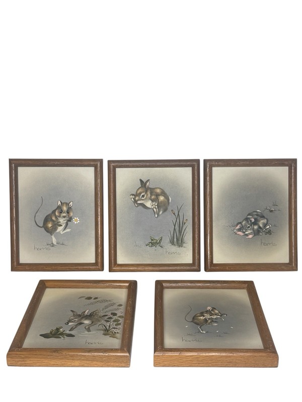 Peggy Harris Original Oil Painting Lot 5 Signed Baby Animals Framed 1990 Vintage