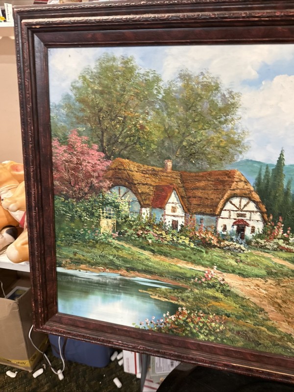 HUGE!! 42x30” Framed Landscape REAL Oil Painting Signed Forest Mountains Cottage gallery