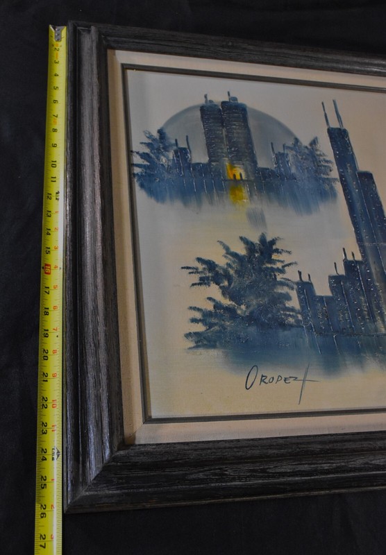 EDUARDO OROPEZA Mid-Century Modern Chicago Skyline Oil on Canvas, 26" x 30" gallery