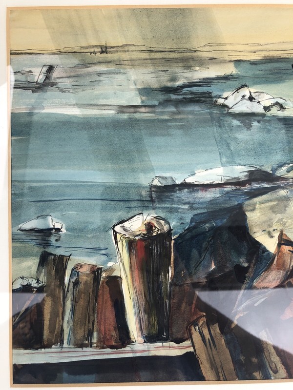 Signed Adele Giles Mid Century WC Of A Rocky Beach 16” X 18 1/2” gallery