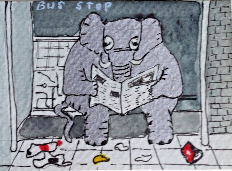 ACEO Original – Elephant News Paper Bus Stop, Watercolor Painting 2.5 x 3.5