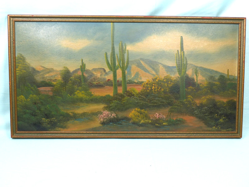 Antique or Vtg Arizona Southwest Desert Landscape with Cactus and Mountains gallery