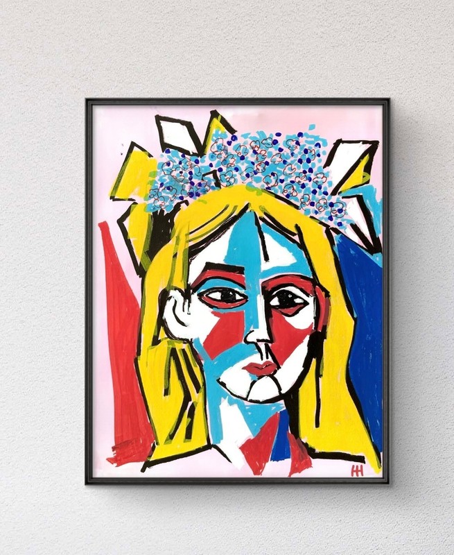 Original Cubist Portrait Colorful Acrylic 11×14 Canvas, Holly Hammond