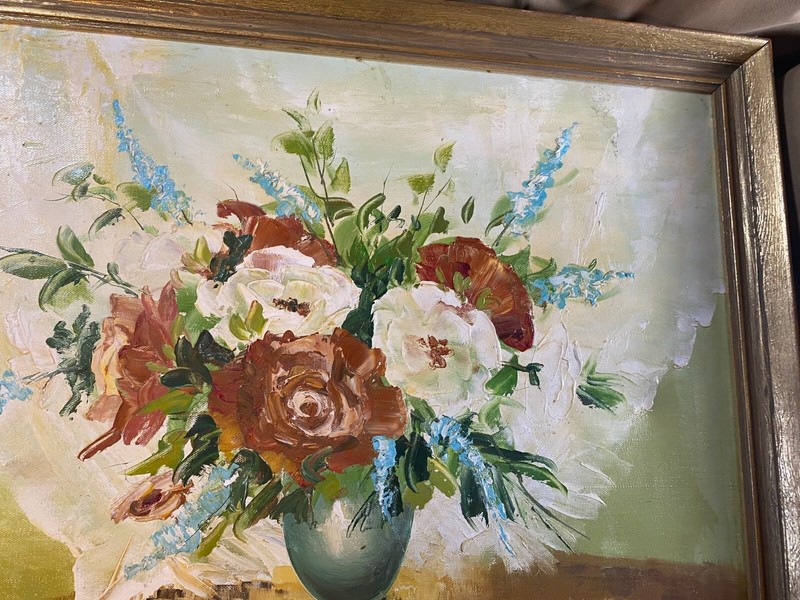 Vintage "Vase Of Flowers On Tabletop Scene" Oil Painting - Signed And Framed gallery
