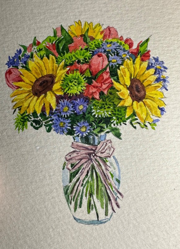 Watercolor Painting Bouquet of flowers in a glass vase Art No.119
