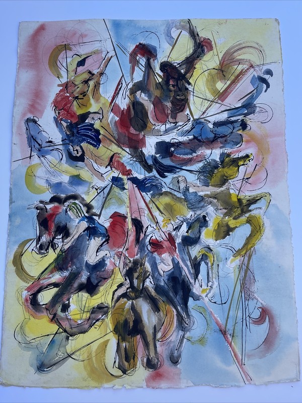 VINTAGE PAINTING ABSTRACT EXPRESSIONISM HORSES CAROUSEL CARNIVAL FAIR 1960'S gallery