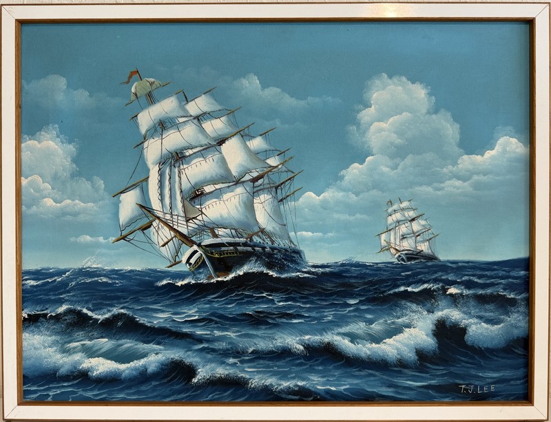 T.J. Lee Marine Seascape Oil Painting Tall Ships Ocean Waves Nautical Framed