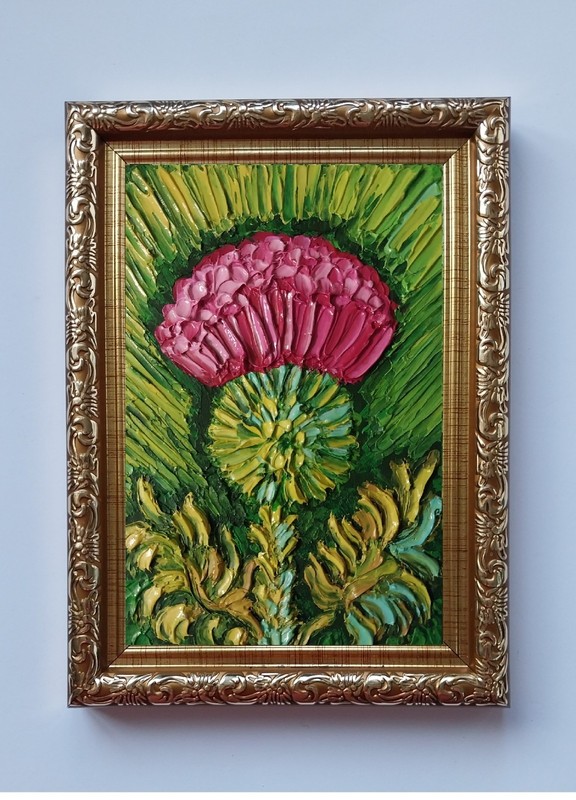 Framed Thistle Flower Textured Wildflower Art 4x6” Impasto Oil Painting Original gallery