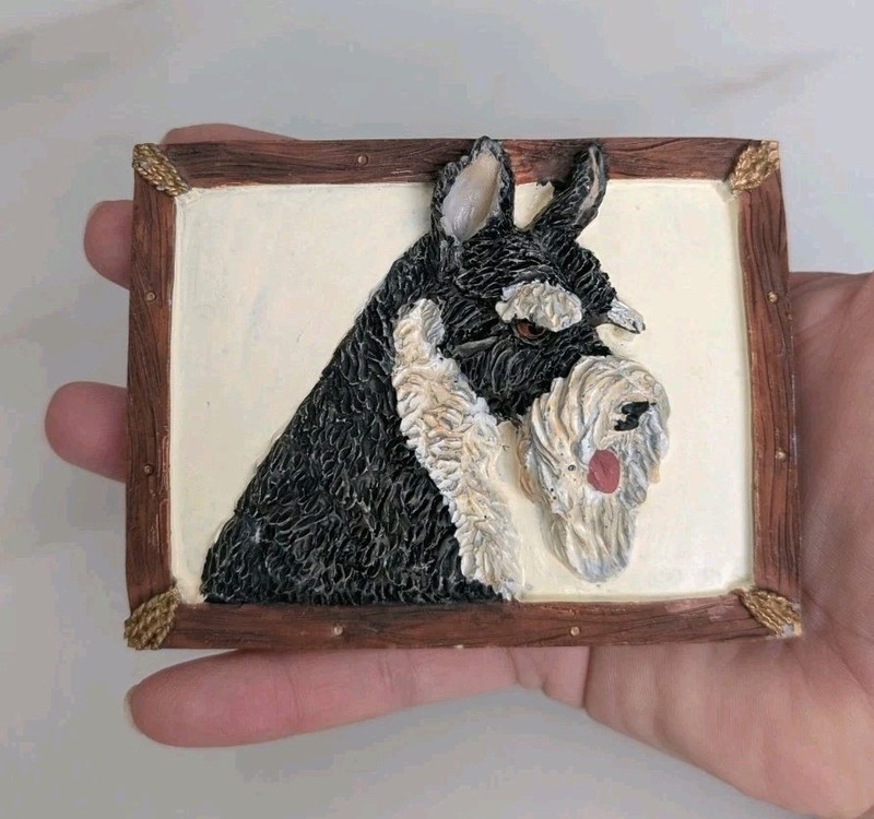 Hand Painted Miniature Art 3D Schnauzer Dog Plaque Resin Decor 4″ Pet Animal
