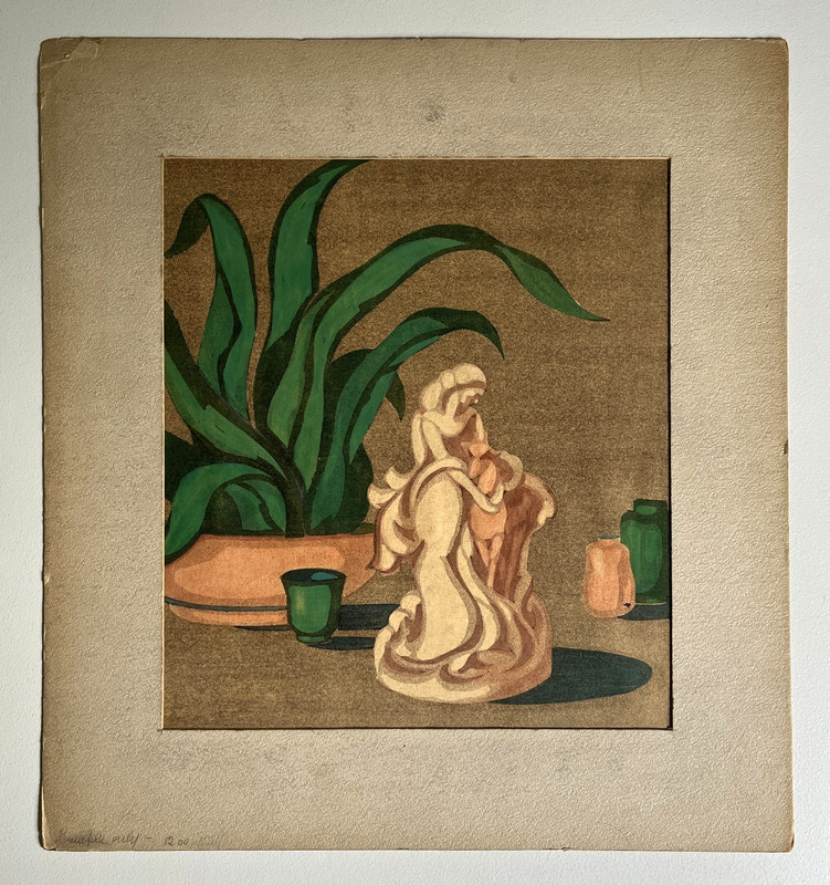Antique Watercolor Painting ‘White Figure & Green Leaves’ by Hazel Frazee