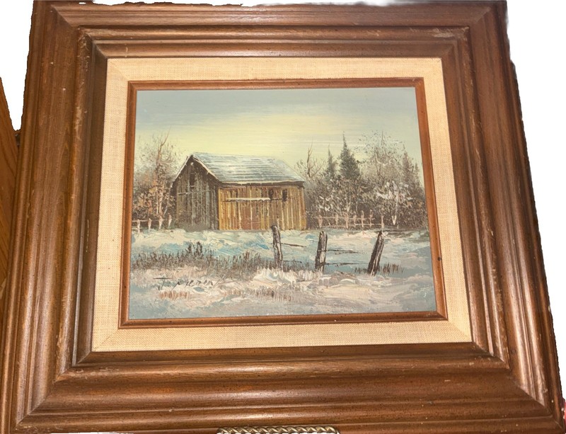 original signed oil painting by J. Medina, depicting a landscape with a barn.