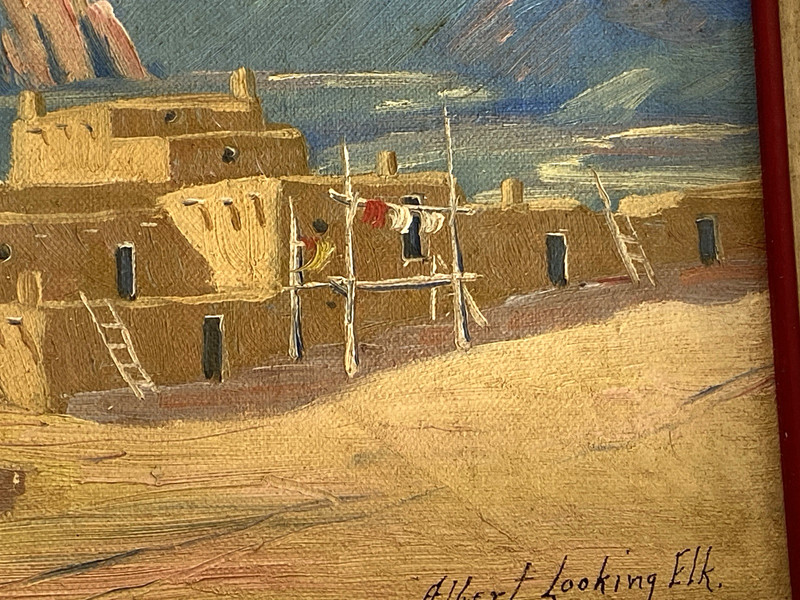 Orig Albert Looking Elk (Martinez) Oil Painting, Taos Pueblo, Framed 14" x 10" gallery