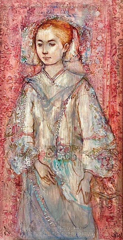 Edna Hibel «Amboise » 1968 Original Oil Fresco on Gesso Board Signed