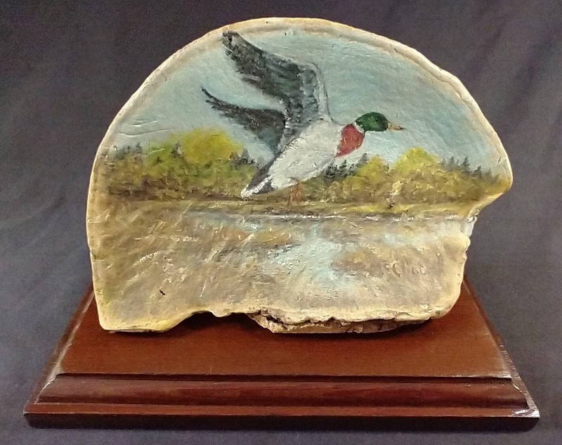 Mallard Duck Painting On Tree Shelf Fungus Mushroom Wildlife Pond Wooden Base