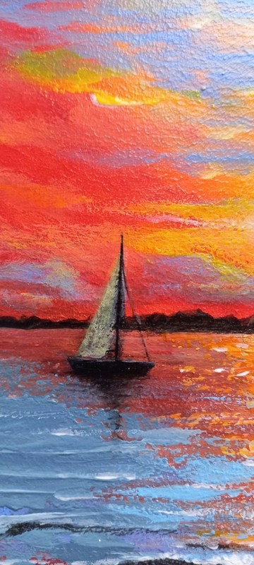 Evening Original Acrylic Painting Seascape Sunset Yacht Wall Art 5 x 7 in gallery