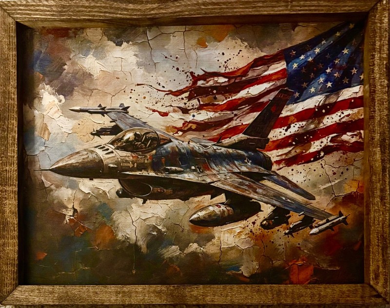 framed Painting of an F-16 and a distressed american flag 15" x 11 3/4