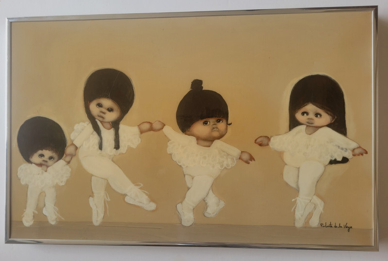 MID CENTURY PAINTING BIG EYES LITTLE BALLERINAS GIRLS DANCING ROBERTA DE LA VEGA