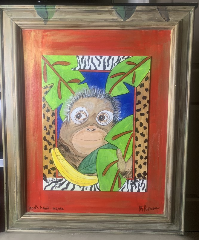 “God’s Hand…My Pen” Framed Acrylic on Canvas Signed By HB Hyman Orangutan Bright