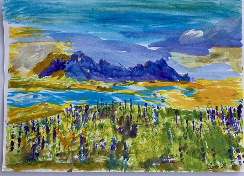 Original Art Hand painted Mountain Spring Sunrise Abstract 10 X 7 by VLong gallery