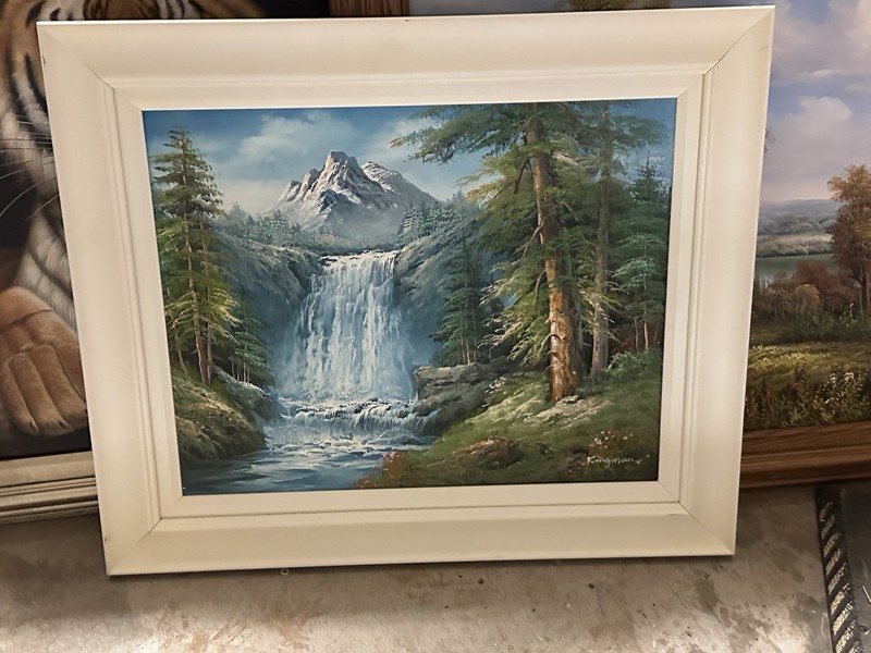 Large Beautiful Waterfall Landscape Oil On Canvas Artist Signed 40”