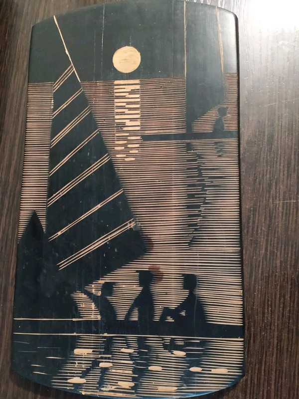 Soviet Vintage wood carving painting depicting a sailboat sailing under the moon