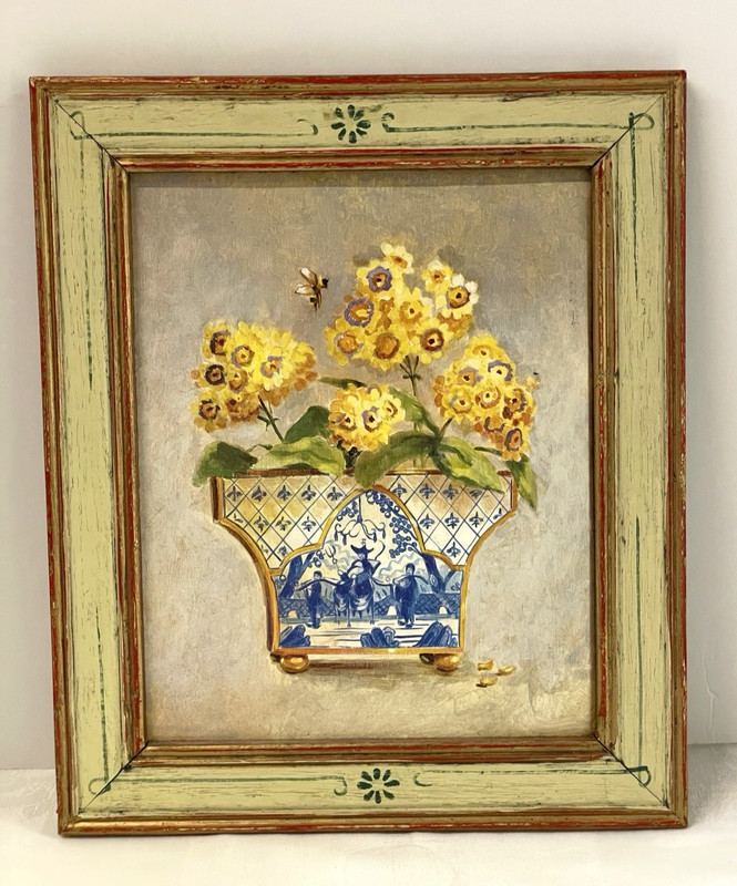 Vintage Art Hand Painted Oil over Mirror Yellow Flowers in Asian Vase 13 X 11″