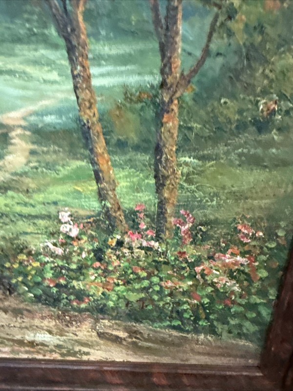 HUGE!! 42x30” Framed Landscape REAL Oil Painting Signed Forest Mountains Cottage gallery