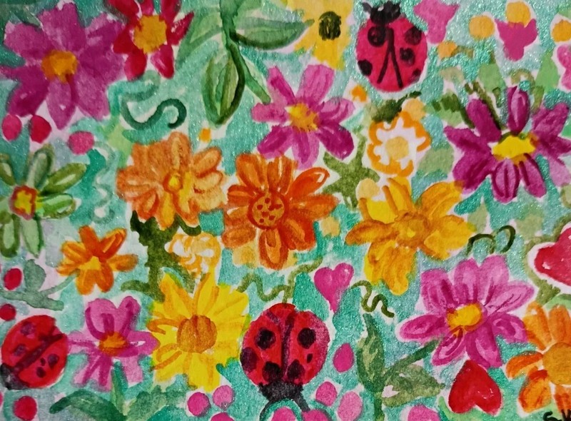 Ditsy Floral ACEO Original Fun Ladybugs Watercolor Painting Sharon Foster