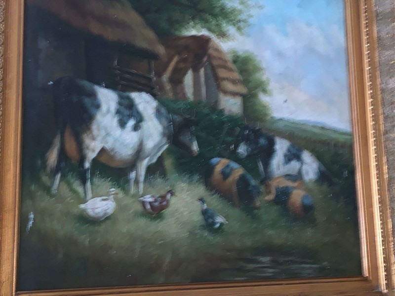 Cozy Barnyard Scene with Cows, Pigs, And Ducks in Ornate Gold Frame 34 x 30 1/2 gallery