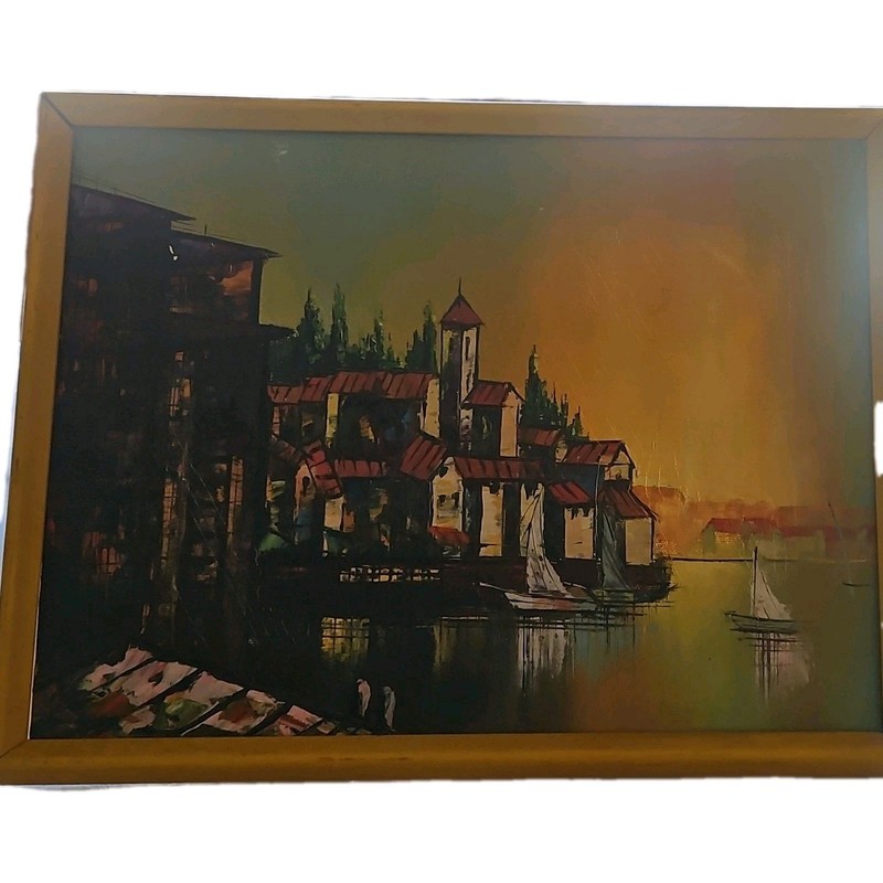 Framed Impressionist Canvas Painting Landscape Seascape Harbor Town Sailboat