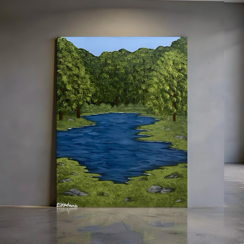 Original Landscape Acrylic Painting – Lush Summer Forest Blue Lake Wall Decor