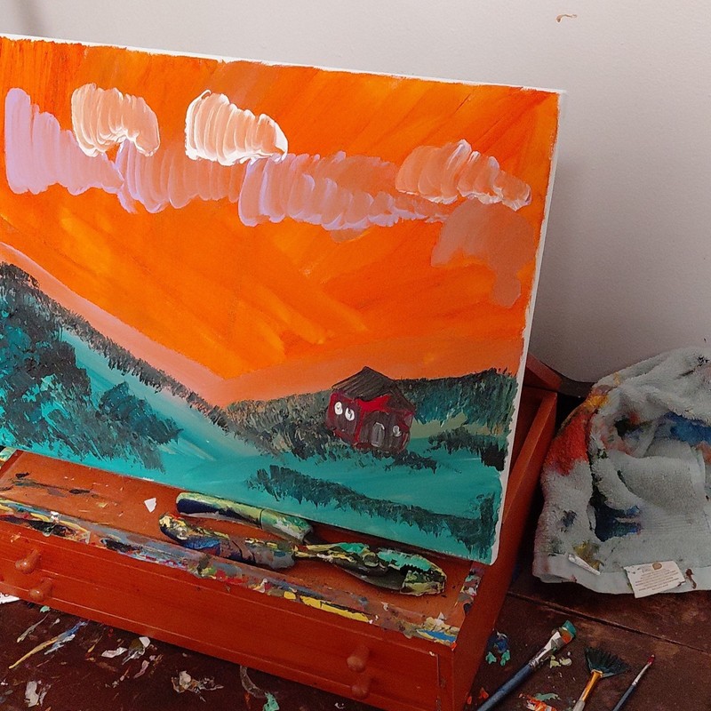 Original Contemporary Art Painting on Canvas, Red House Landscape, Collection gallery