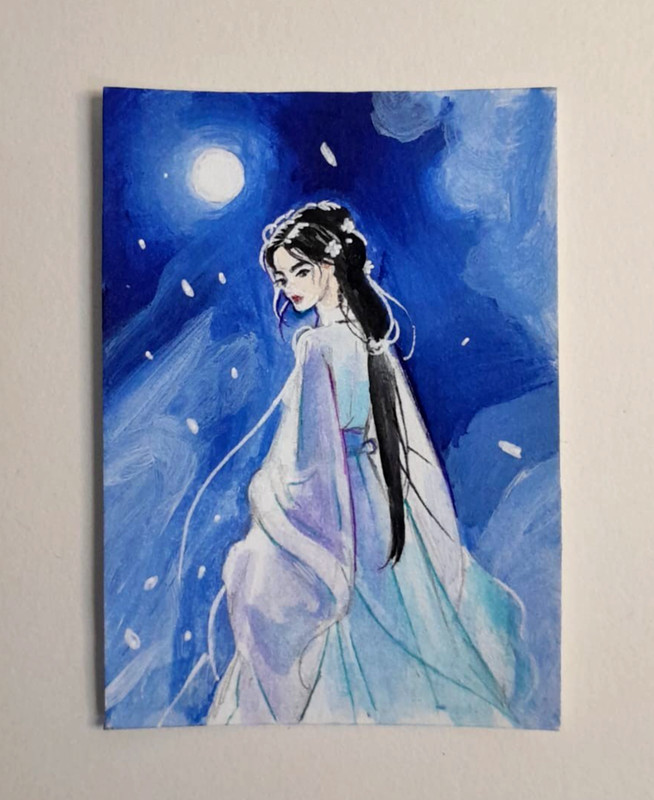 OOAK ACEO Original Painting Asian Fantasy Maiden Moon Sky Watercolor Acrylic
