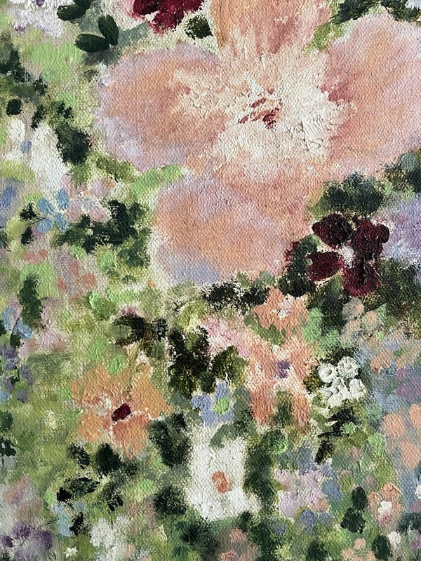 Vintage Impressionist Floral Still Life Painting, Pastel Flowers in Blue Vase gallery