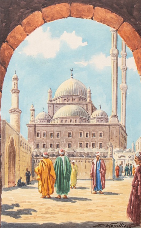 Demetrios Vassiliou Greek Original Watercolor Signed View of a Mosque