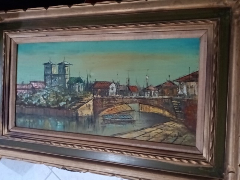 VTG MARY BOTTO ORIGINAL PAINTING HARBOR SCENE WATER EUROPEAN FRAMED 32×20 ESTATE