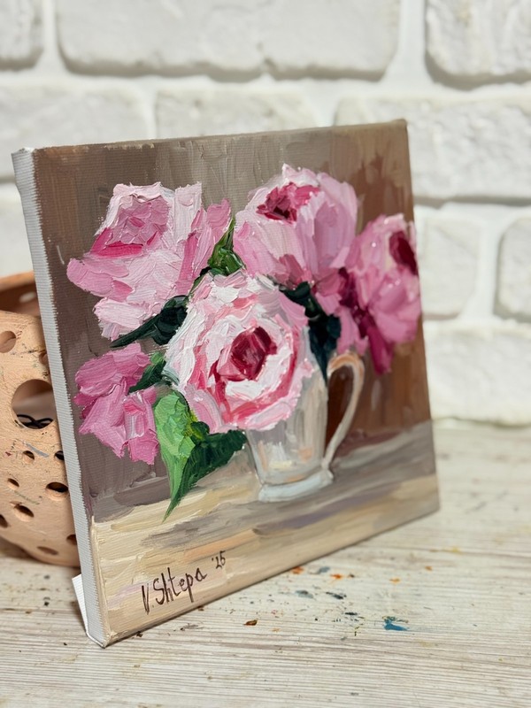 Original Oil Painting Pink Peonies Flowers Still life Cup Signed Art 8x8 in gallery