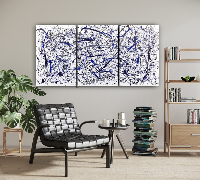 3 Panels Abstract Modern Blue Contemporary Art Jackson Pollock Style Wall Art gallery