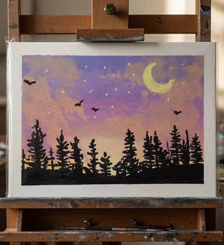ACEO Art Card Sunset Trees And Moon Original Acrylic Painting