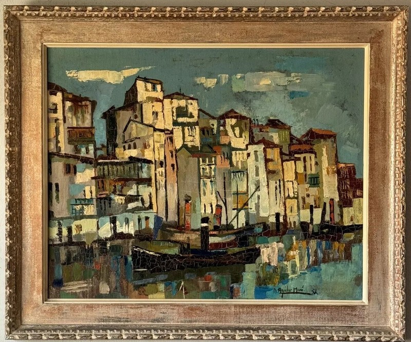 RAMON AGUILAR MORE ANTIQUE LANDSCAPE OIL PAINTING OLD MODERN ABSTRACT SPAIN 1950