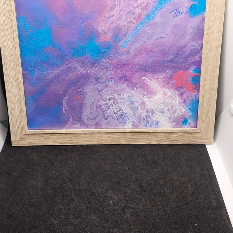 Hand Crafted Purple Blue Pink Abstract Fluid Art Painting Canvas Framed 9x11" gallery