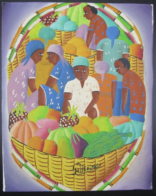 Vintage signed Haitian painting fruit market 8×10″