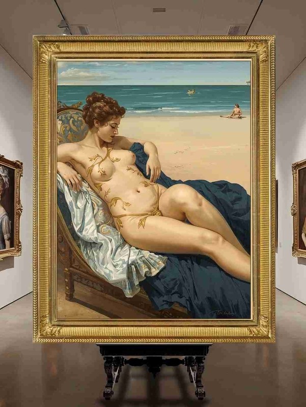 A work of art on canvas, a woman in architecture and ornamentation 55 x 73cm