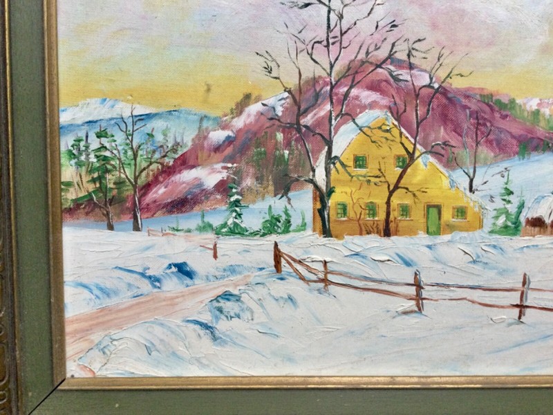 Vintage 1965 Primitive Grandma Moses Style winter oil painting by L Doucette gallery